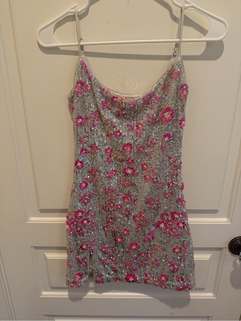 Lovers + Friends Silver Sequin Mini Dress with Pink Floral Appliqués